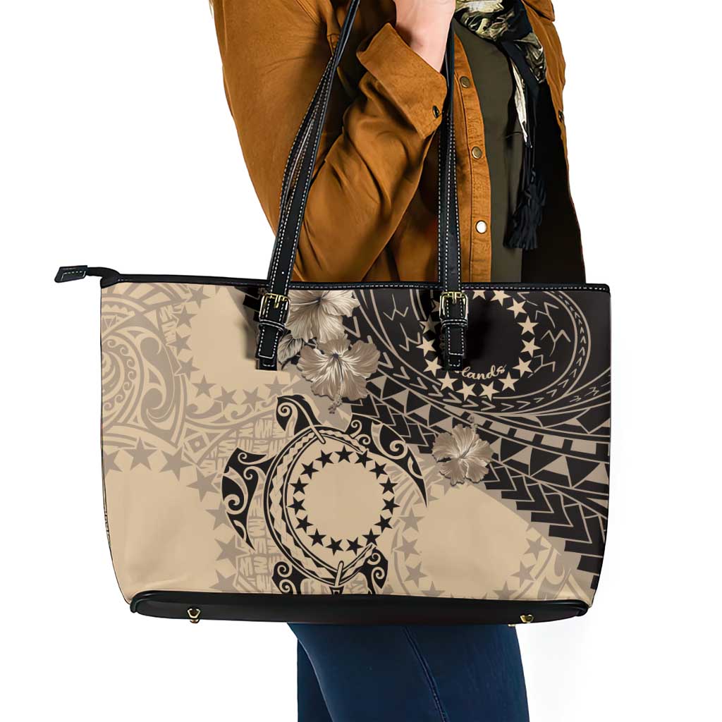 Cook Islands Turtle Leather Tote Bag Stars and Hibiscus - Beige LT01 - Polynesian Pride