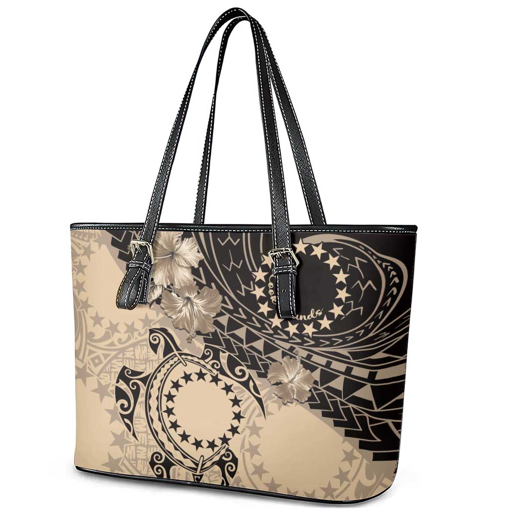 Cook Islands Turtle Leather Tote Bag Stars and Hibiscus - Beige LT01 - Polynesian Pride