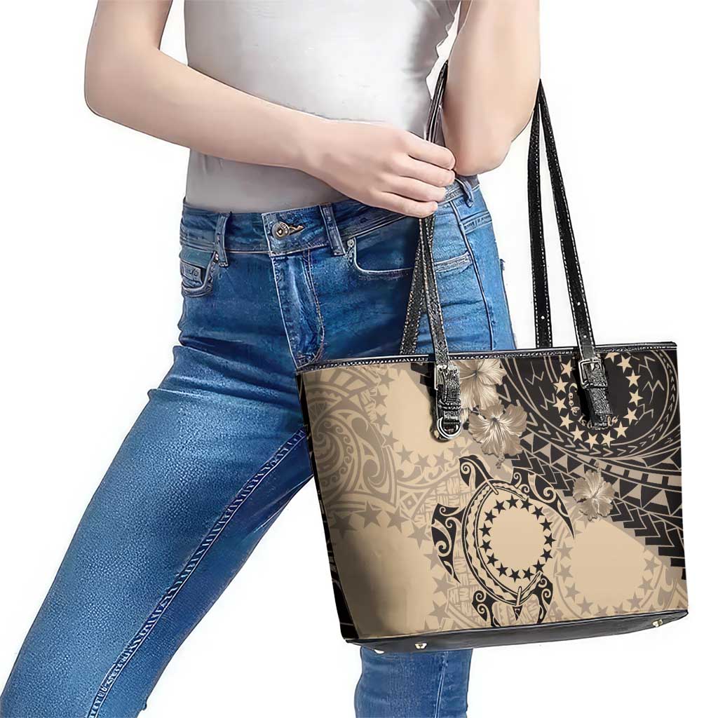Cook Islands Turtle Leather Tote Bag Stars and Hibiscus - Beige LT01 - Polynesian Pride