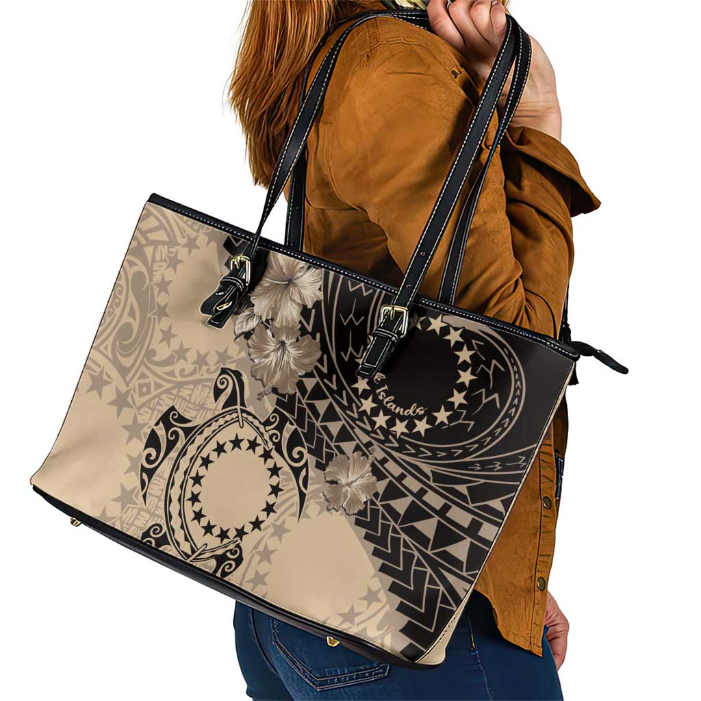 Cook Islands Turtle Leather Tote Bag Stars and Hibiscus - Beige LT01 - Polynesian Pride