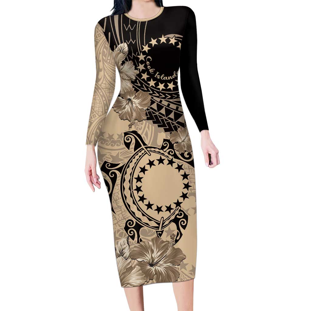 Cook Islands Turtle Long Sleeve Bodycon Dress Stars and Hibiscus - Beige