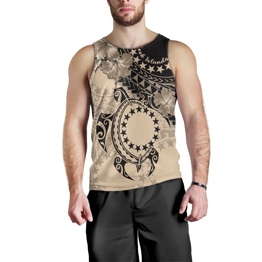 Cook Islands Turtle Men Tank Top Stars and Hibiscus - Beige LT01 - Polynesian Pride