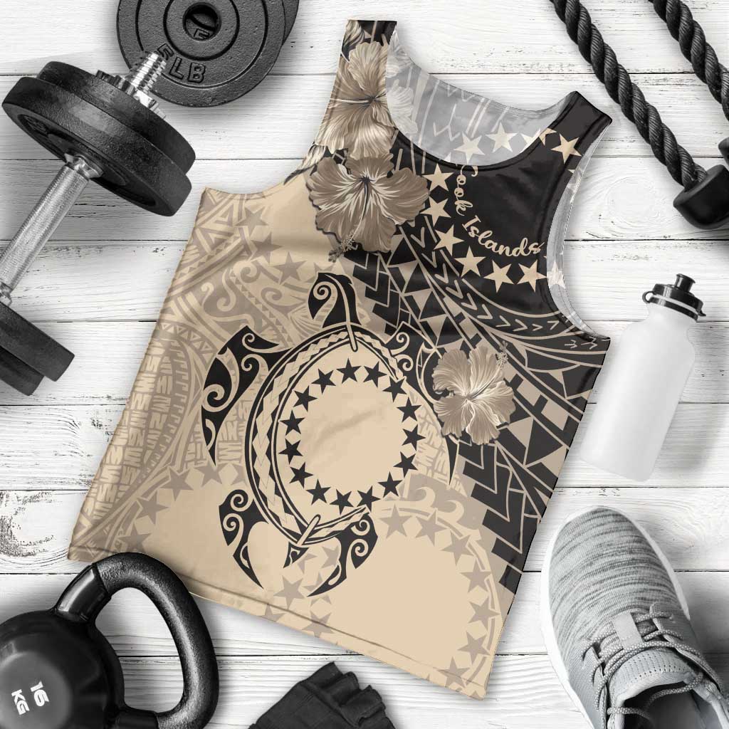 Cook Islands Turtle Men Tank Top Stars and Hibiscus - Beige LT01 - Polynesian Pride