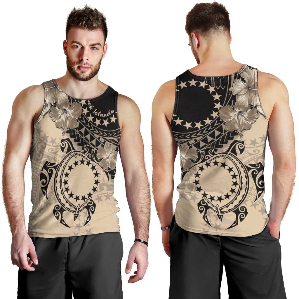 Cook Islands Turtle Men Tank Top Stars and Hibiscus - Beige LT01 - Polynesian Pride