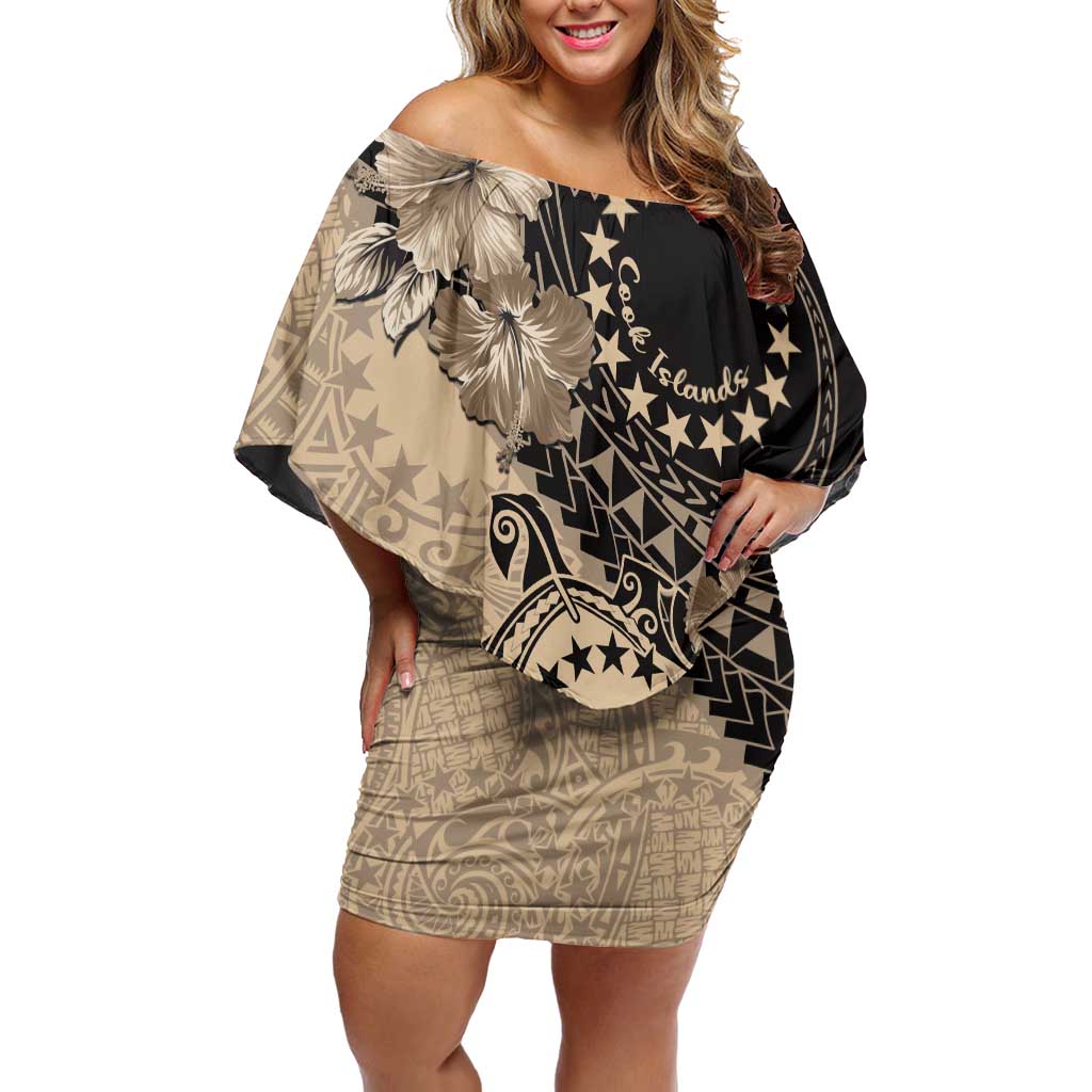 Cook Islands Turtle Off Shoulder Short Dress Stars and Hibiscus - Beige LT01 Women Beige - Polynesian Pride