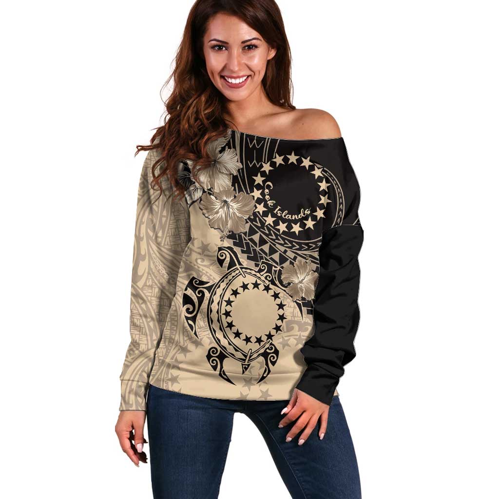 Cook Islands Turtle Off Shoulder Sweater Stars and Hibiscus - Beige