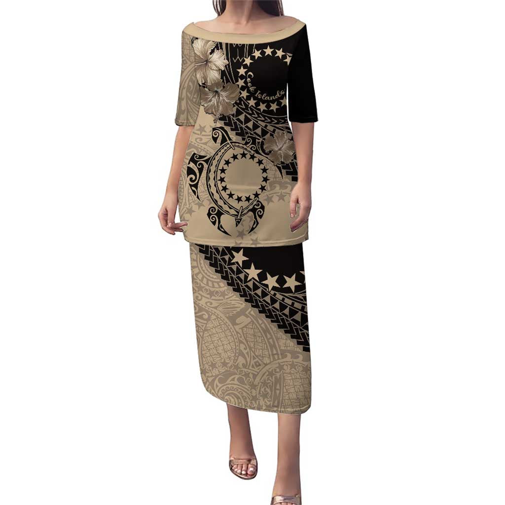 Cook Islands Turtle Puletasi Stars and Hibiscus - Beige LT01 Long Dress Beige - Polynesian Pride