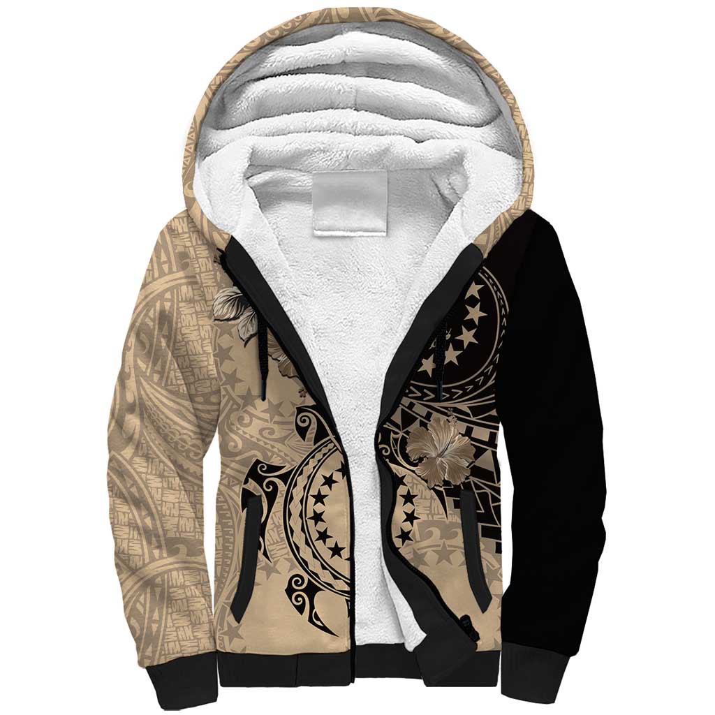 Cook Islands Turtle Sherpa Hoodie Stars and Hibiscus - Beige LT01 Unisex Beige - Polynesian Pride