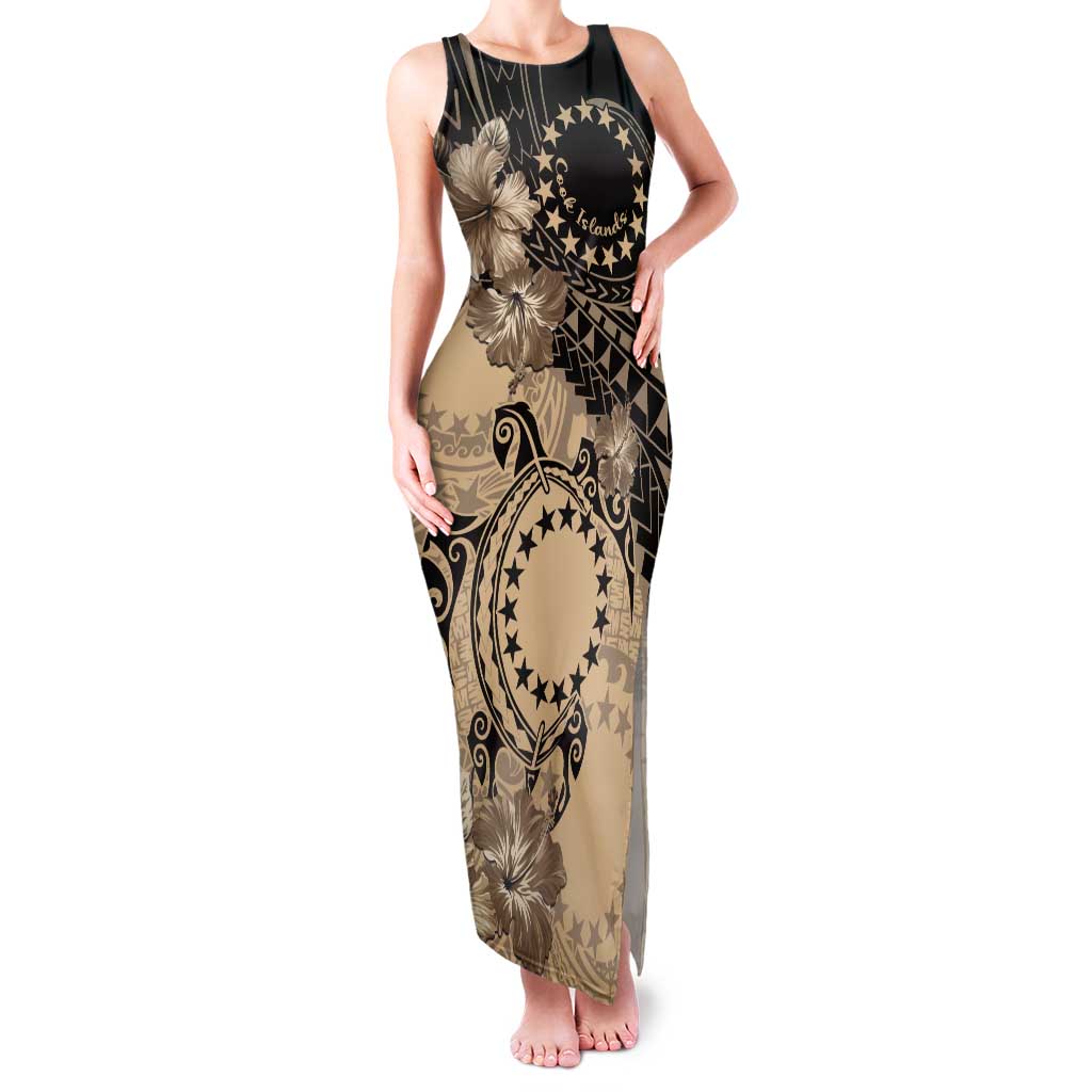 Cook Islands Turtle Tank Maxi Dress Stars and Hibiscus - Beige LT01 Women Beige - Polynesian Pride
