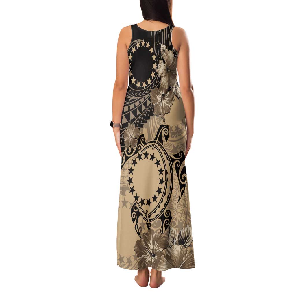Cook Islands Turtle Tank Maxi Dress Stars and Hibiscus - Beige LT01 - Polynesian Pride