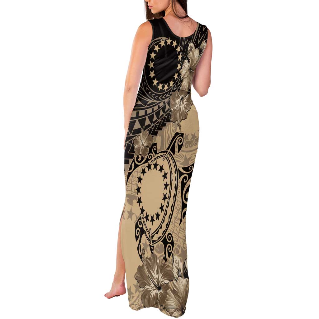 Cook Islands Turtle Tank Maxi Dress Stars and Hibiscus - Beige LT01 - Polynesian Pride