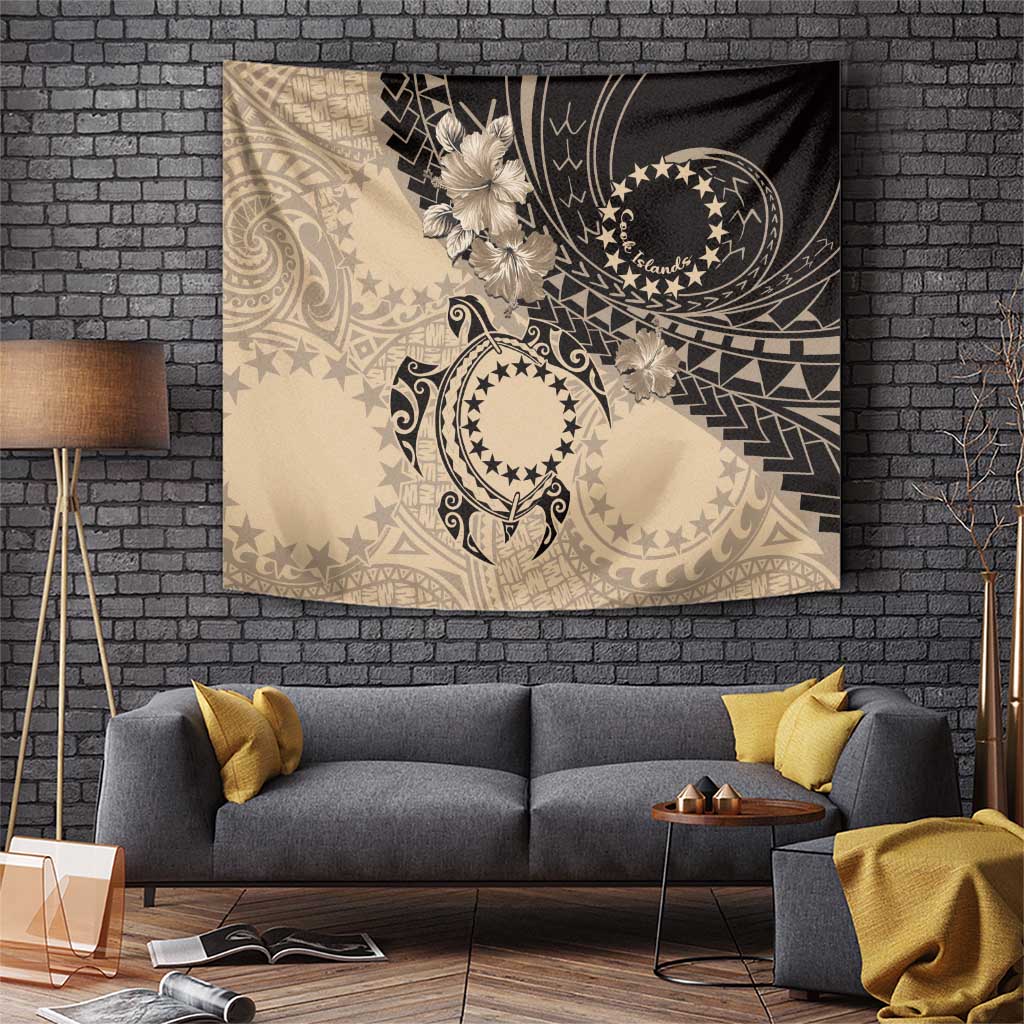 Cook Islands Turtle Tapestry Stars and Hibiscus - Beige