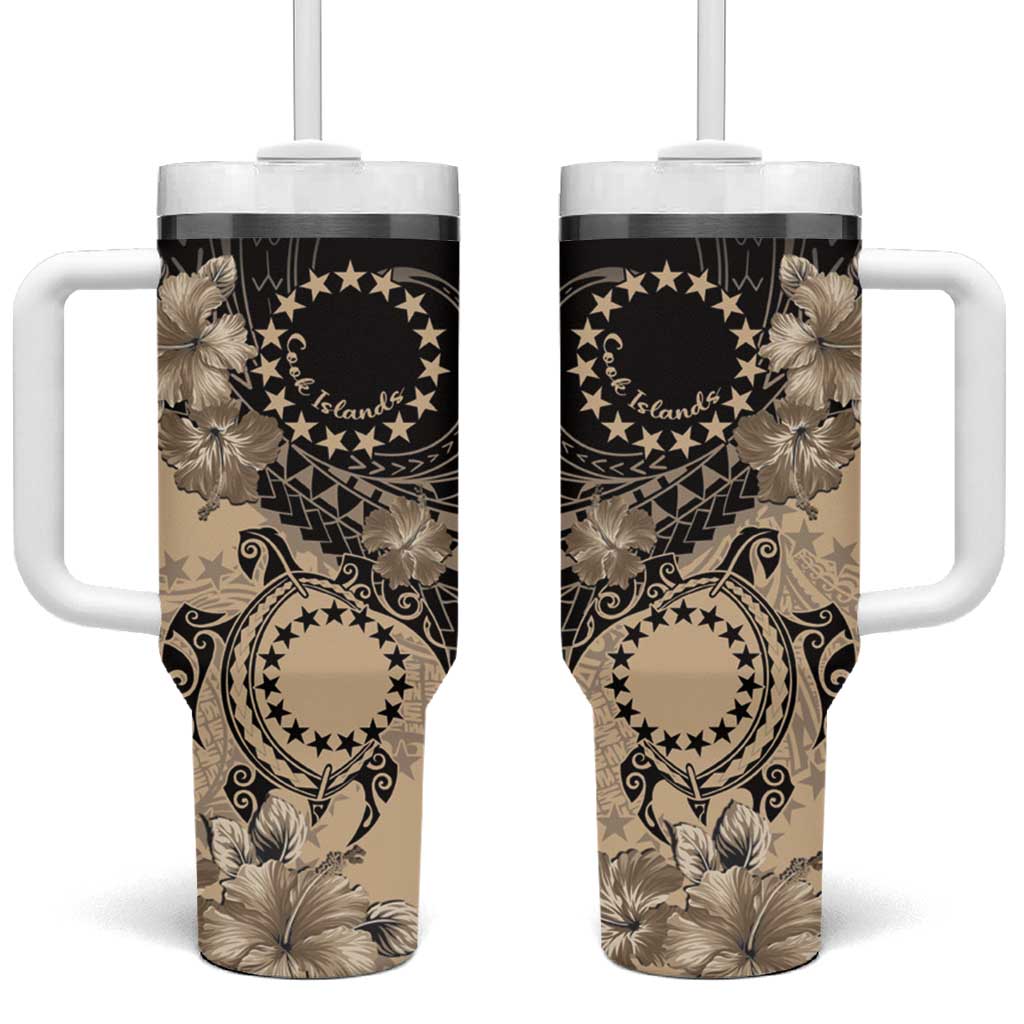 Cook Islands Turtle Tumbler With Handle Stars and Hibiscus - Beige LT01 One Size: 40 oz Beige - Polynesian Pride
