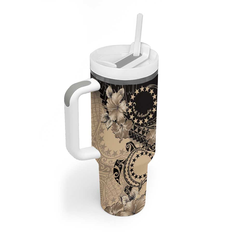 Cook Islands Turtle Tumbler With Handle Stars and Hibiscus - Beige LT01 - Polynesian Pride
