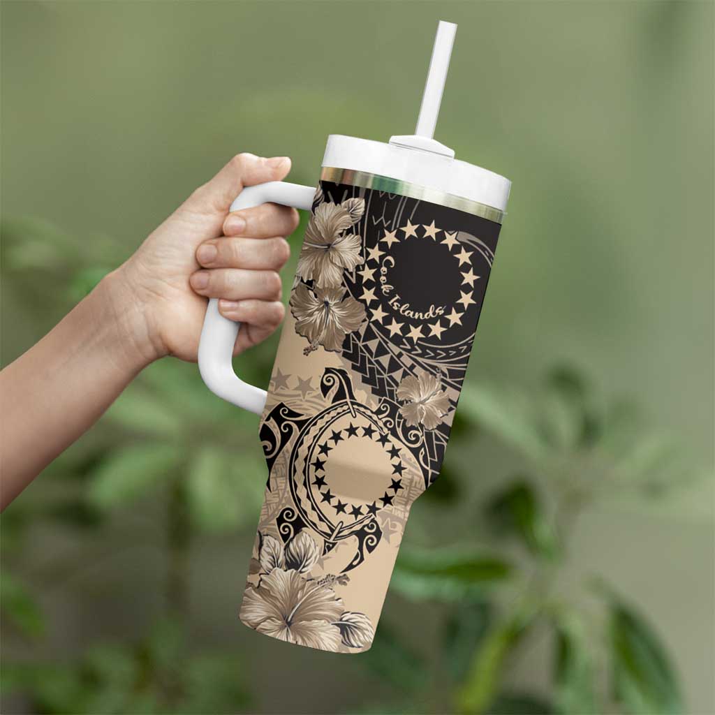 Cook Islands Turtle Tumbler With Handle Stars and Hibiscus - Beige LT01 - Polynesian Pride
