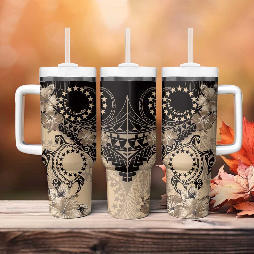 Cook Islands Turtle Tumbler With Handle Stars and Hibiscus - Beige LT01 - Polynesian Pride