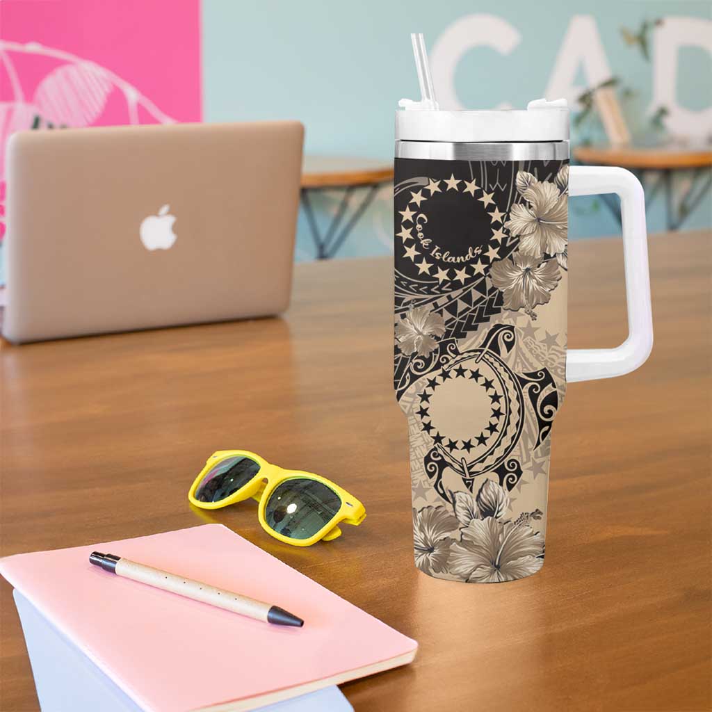 Cook Islands Turtle Tumbler With Handle Stars and Hibiscus - Beige LT01 - Polynesian Pride