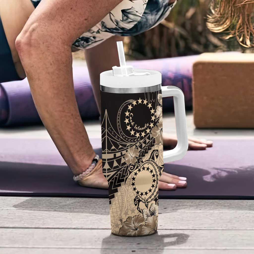 Cook Islands Turtle Tumbler With Handle Stars and Hibiscus - Beige LT01 - Polynesian Pride