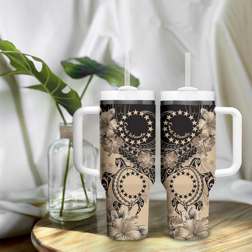 Cook Islands Turtle Tumbler With Handle Stars and Hibiscus - Beige LT01 - Polynesian Pride
