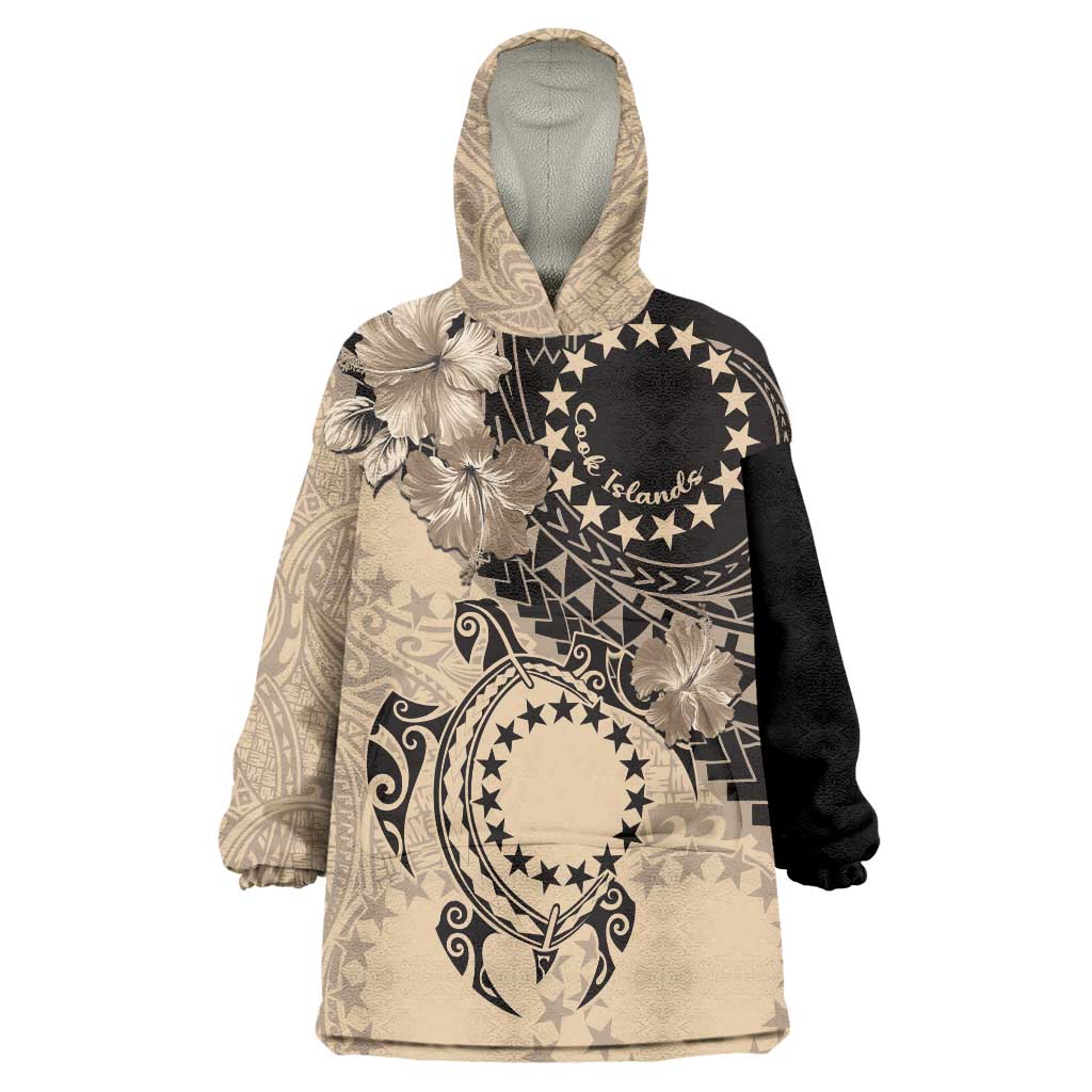 Cook Islands Turtle Wearable Blanket Hoodie Stars and Hibiscus - Beige