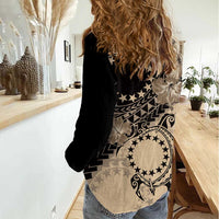 Cook Islands Turtle Women Casual Shirt Stars and Hibiscus - Beige