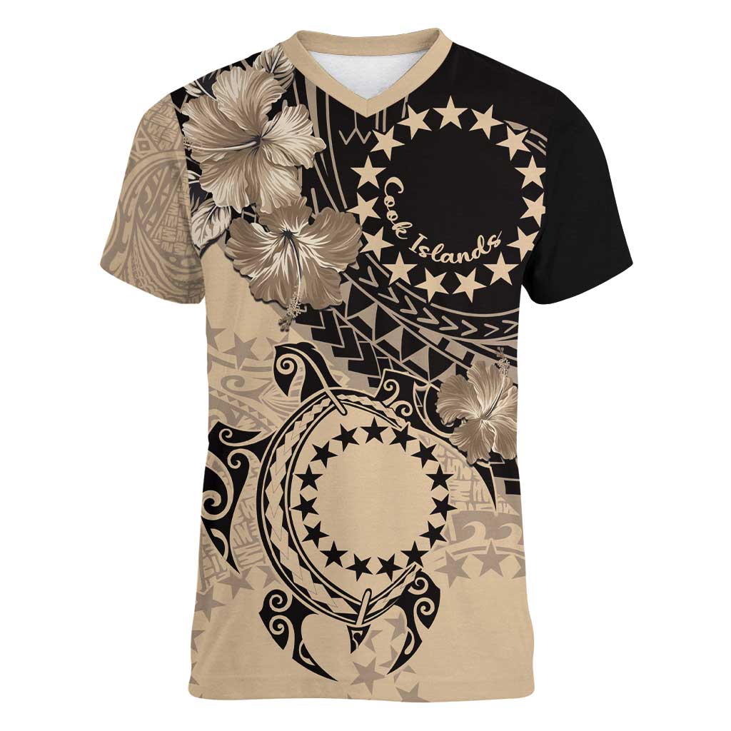 Cook Islands Turtle Women V-Neck T-Shirt Stars and Hibiscus - Beige LT01 Female Beige - Polynesian Pride