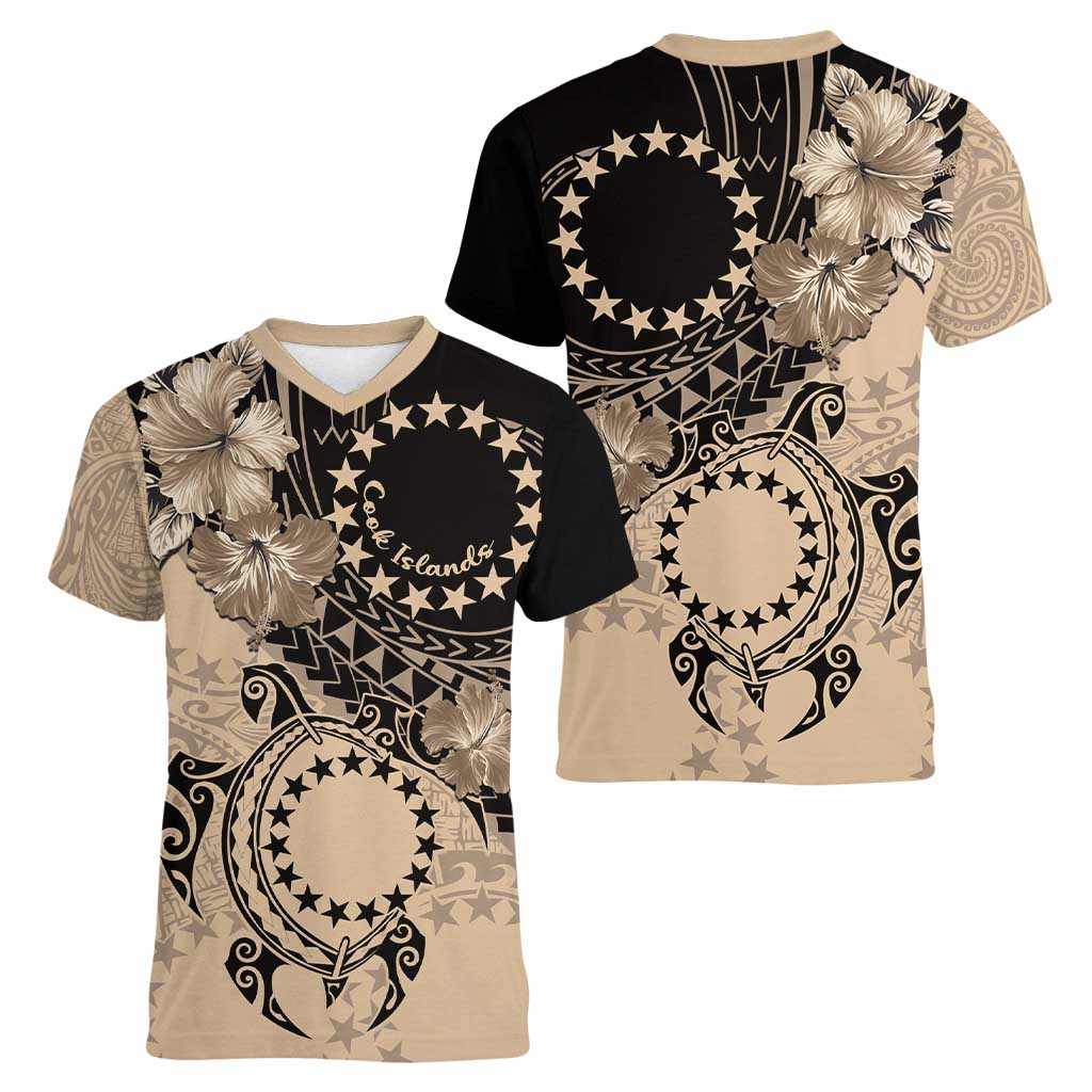 Cook Islands Turtle Women V-Neck T-Shirt Stars and Hibiscus - Beige LT01 - Polynesian Pride