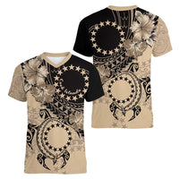 Cook Islands Turtle Women V-Neck T-Shirt Stars and Hibiscus - Beige LT01 - Polynesian Pride