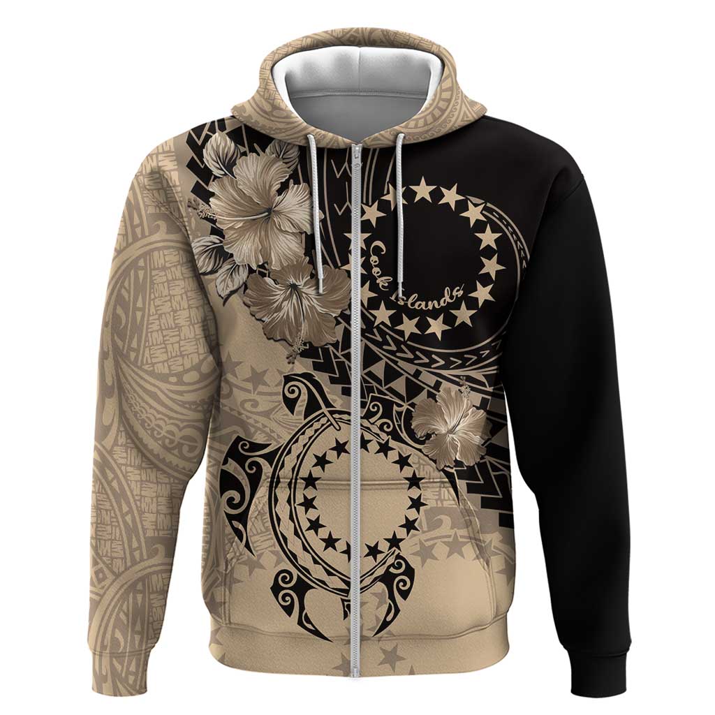 Cook Islands Turtle Zip Hoodie Stars and Hibiscus - Beige