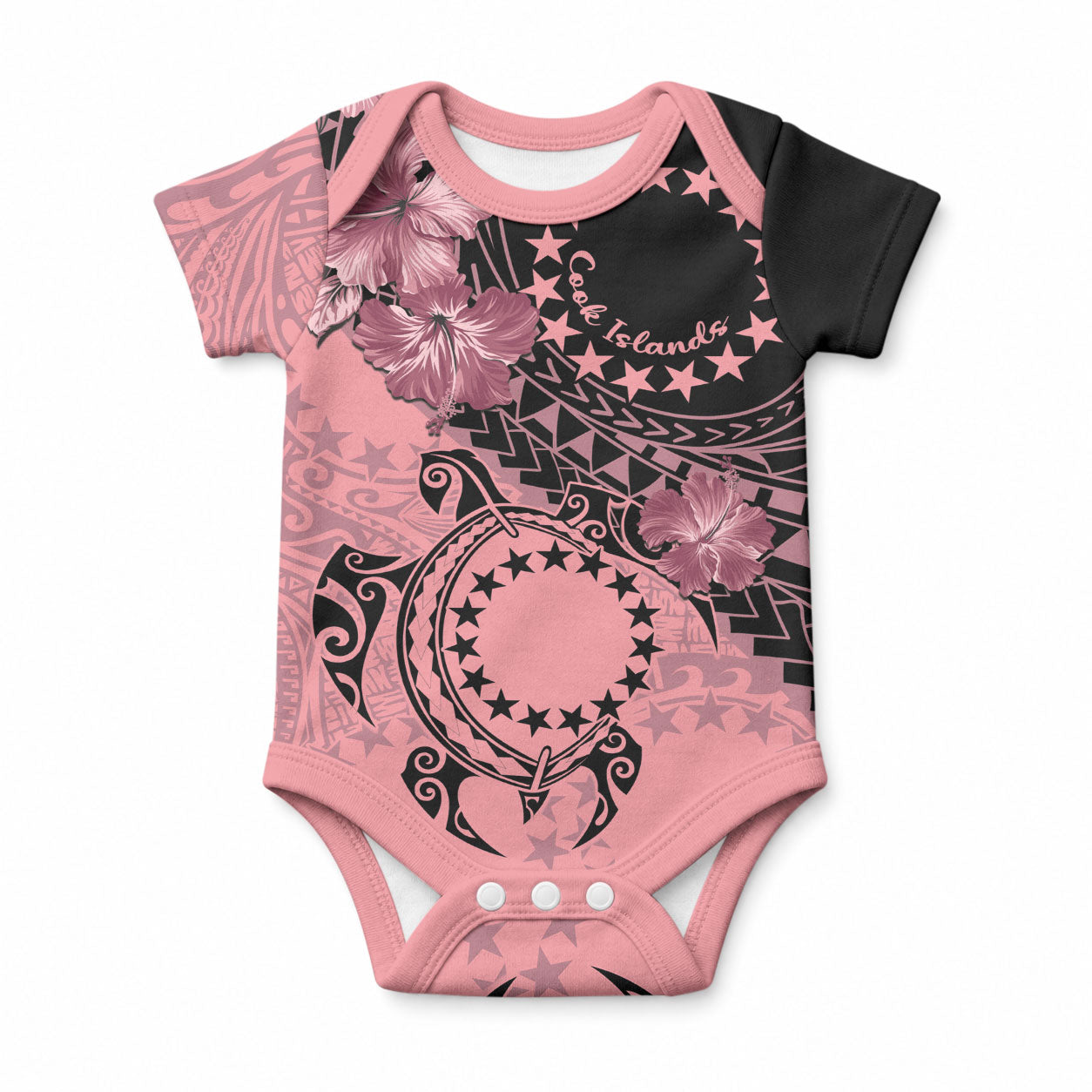 Cook Islands Turtle Baby Onesie Stars and Hibiscus - Pink LT01 Pink - Polynesian Pride