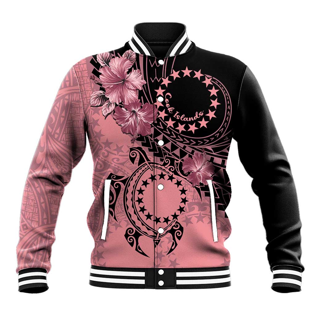 Cook Islands Turtle Baseball Jacket Stars and Hibiscus - Pink LT01 Unisex Pink - Polynesian Pride