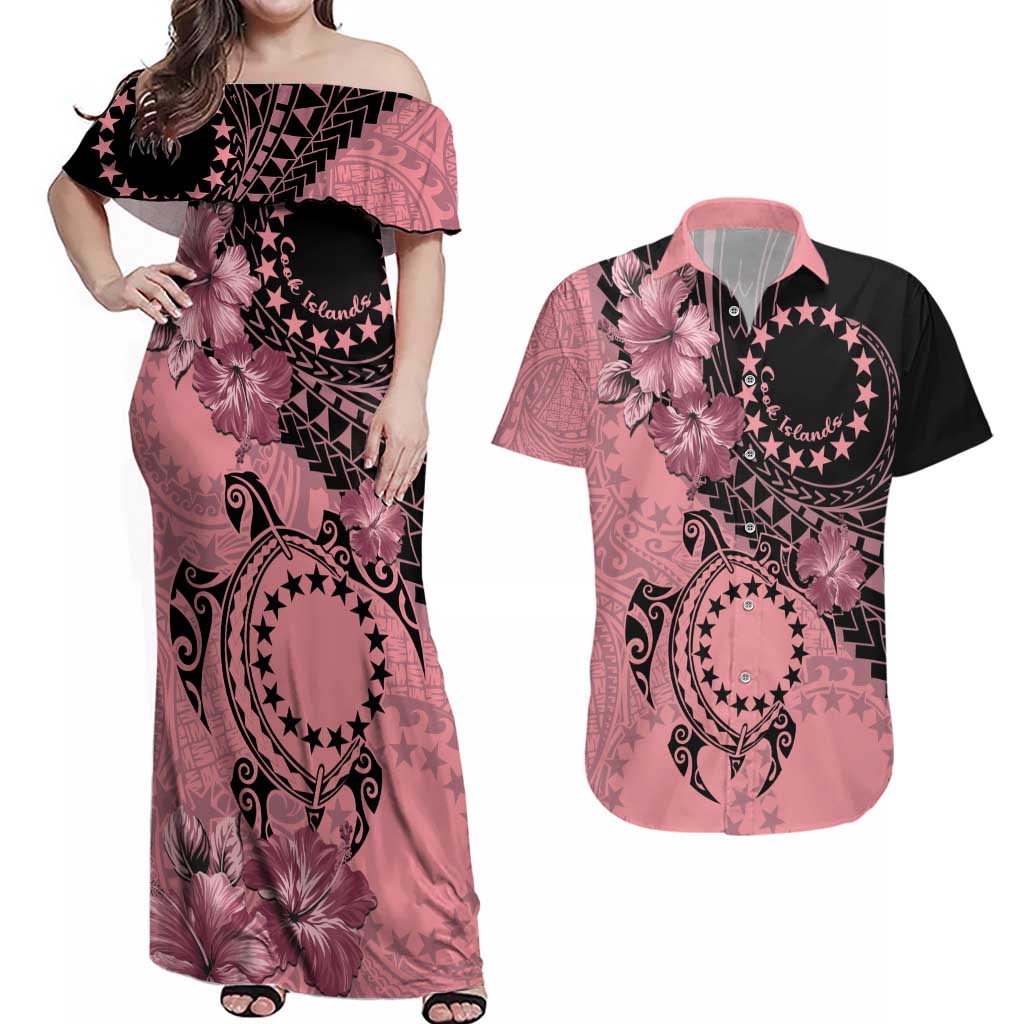 Cook Islands Turtle Couples Matching Off Shoulder Maxi Dress and Hawaiian Shirt Stars and Hibiscus - Pink