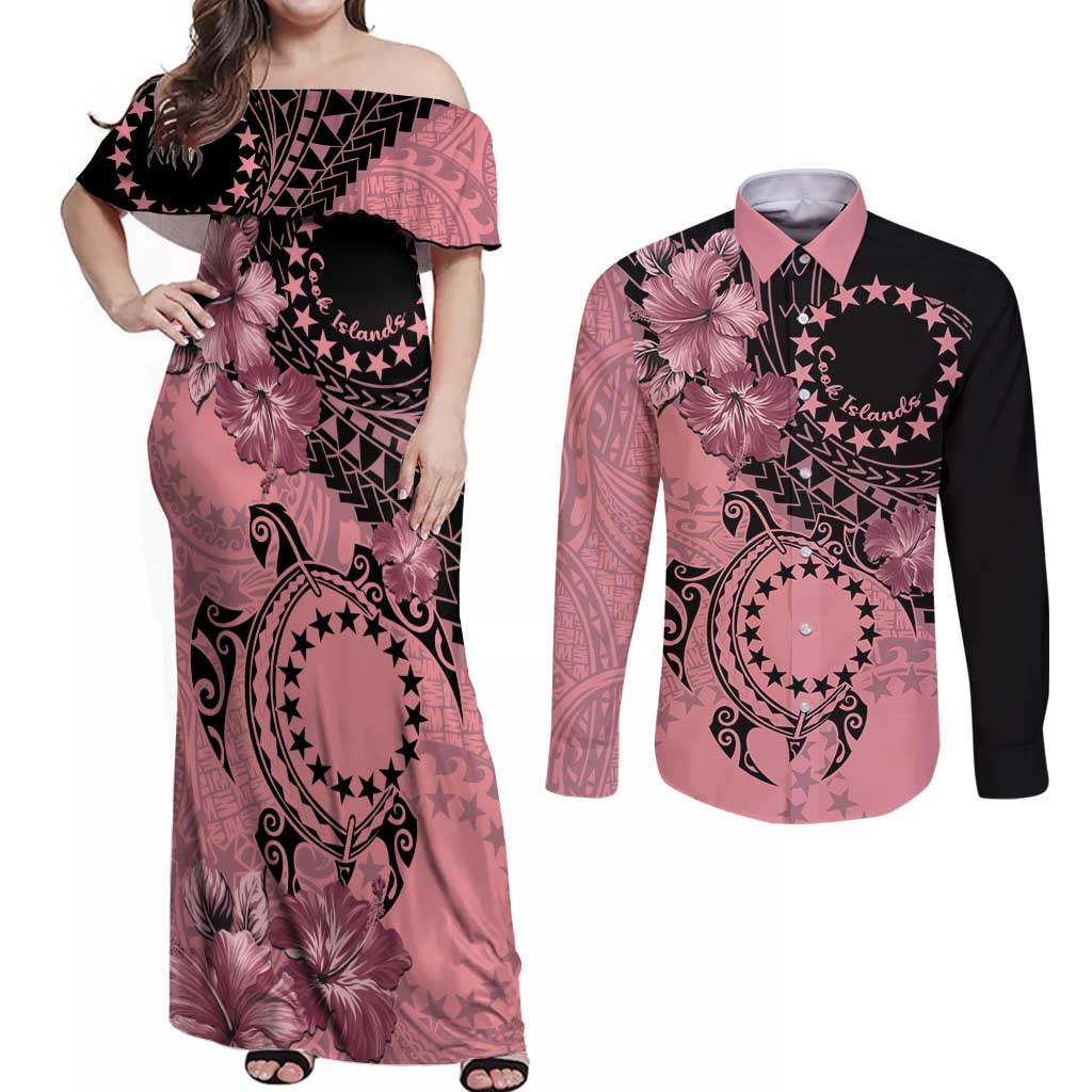 Cook Islands Turtle Couples Matching Off Shoulder Maxi Dress and Long Sleeve Button Shirt Stars and Hibiscus - Pink LT01 Pink - Polynesian Pride