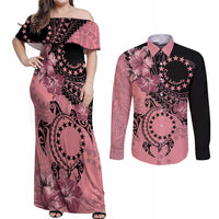 Cook Islands Turtle Couples Matching Off Shoulder Maxi Dress and Long Sleeve Button Shirt Stars and Hibiscus - Pink LT01 Pink - Polynesian Pride