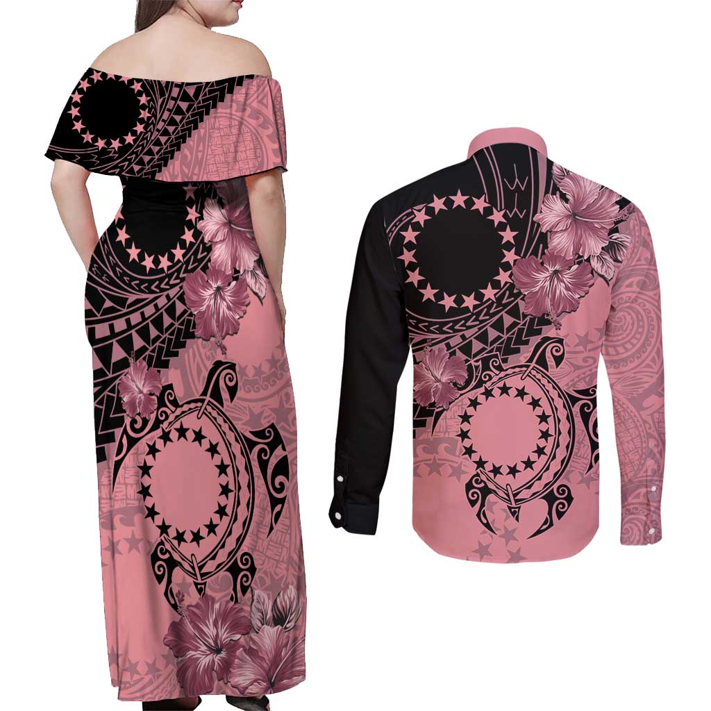 Cook Islands Turtle Couples Matching Off Shoulder Maxi Dress and Long Sleeve Button Shirt Stars and Hibiscus - Pink LT01 - Polynesian Pride