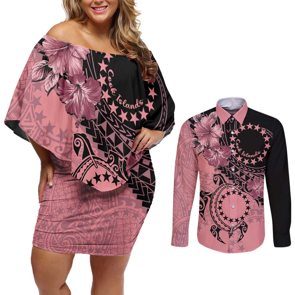 Cook Islands Turtle Couples Matching Off Shoulder Short Dress and Long Sleeve Button Shirt Stars and Hibiscus - Pink LT01 Pink - Polynesian Pride