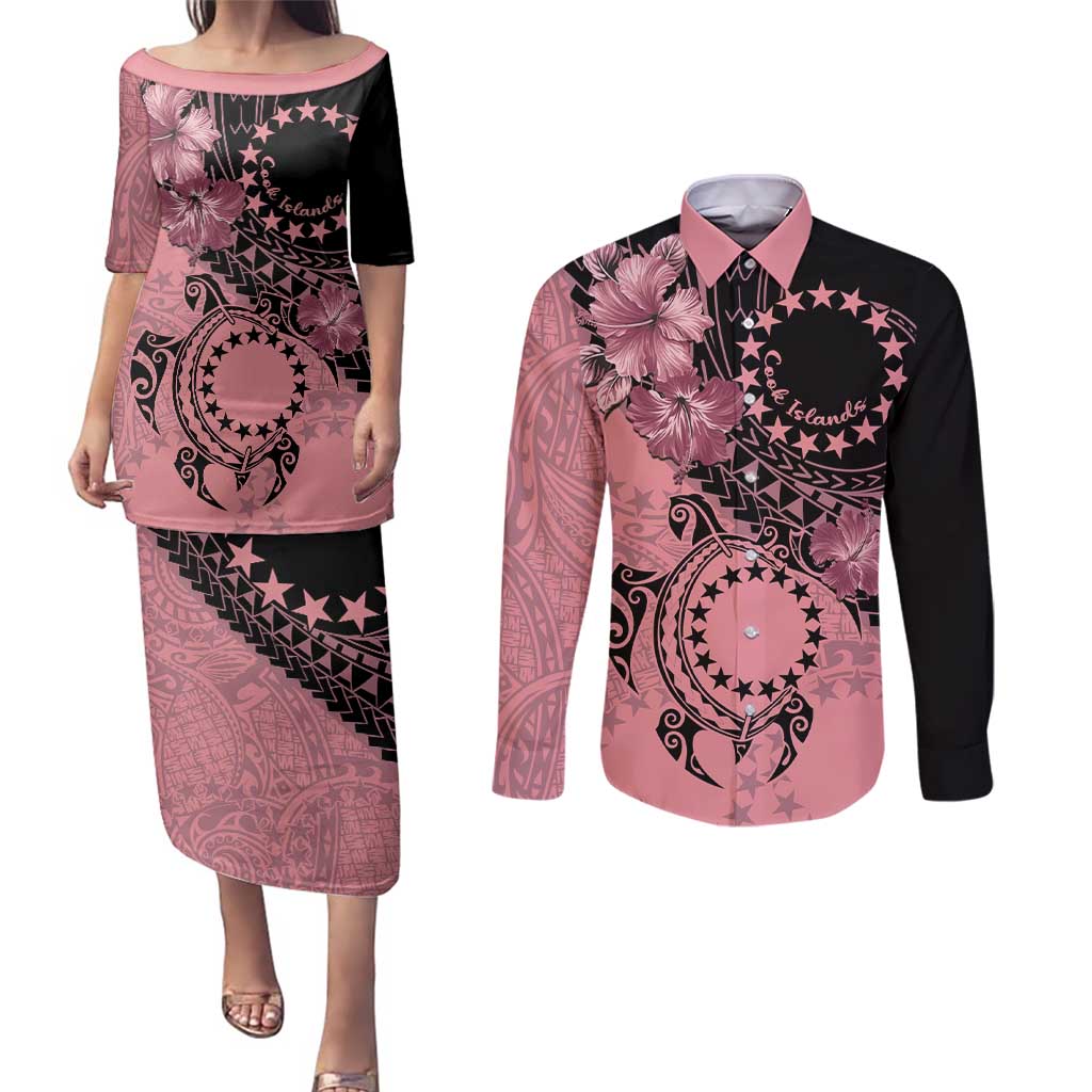 Cook Islands Turtle Couples Matching Puletasi and Long Sleeve Button Shirt Stars and Hibiscus - Pink LT01 Pink - Polynesian Pride