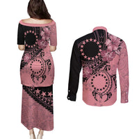 Cook Islands Turtle Couples Matching Puletasi and Long Sleeve Button Shirt Stars and Hibiscus - Pink LT01 - Polynesian Pride