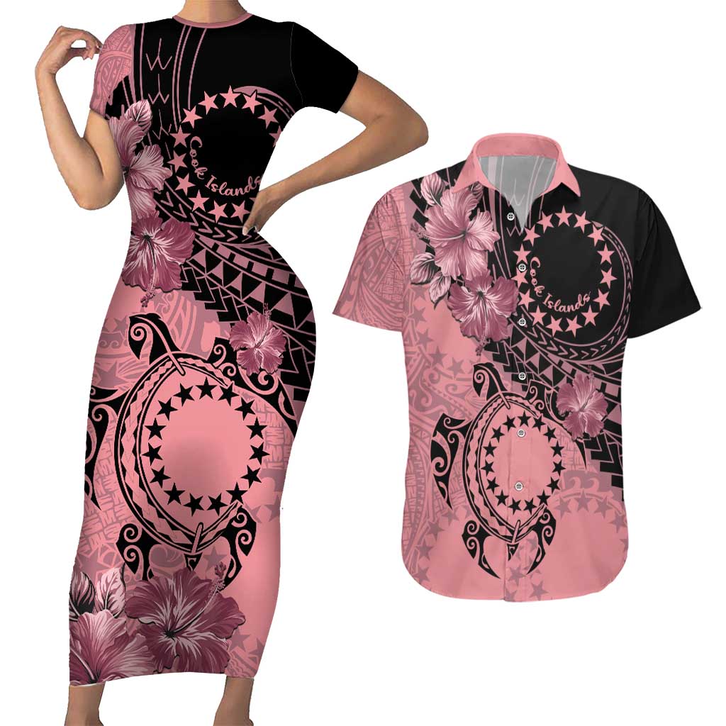 Cook Islands Turtle Couples Matching Short Sleeve Bodycon Dress and Hawaiian Shirt Stars and Hibiscus - Pink