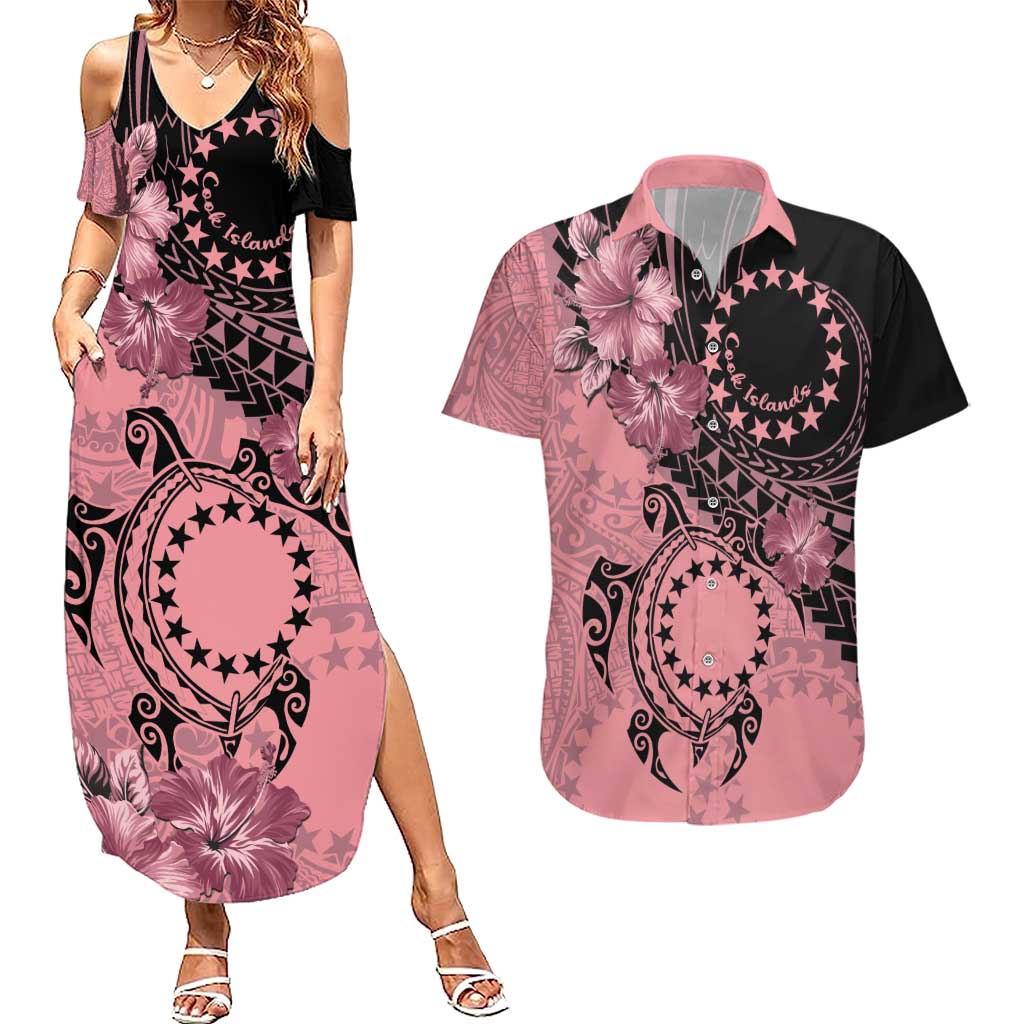 Cook Islands Turtle Couples Matching Summer Maxi Dress and Hawaiian Shirt Stars and Hibiscus - Pink LT01 Pink - Polynesian Pride