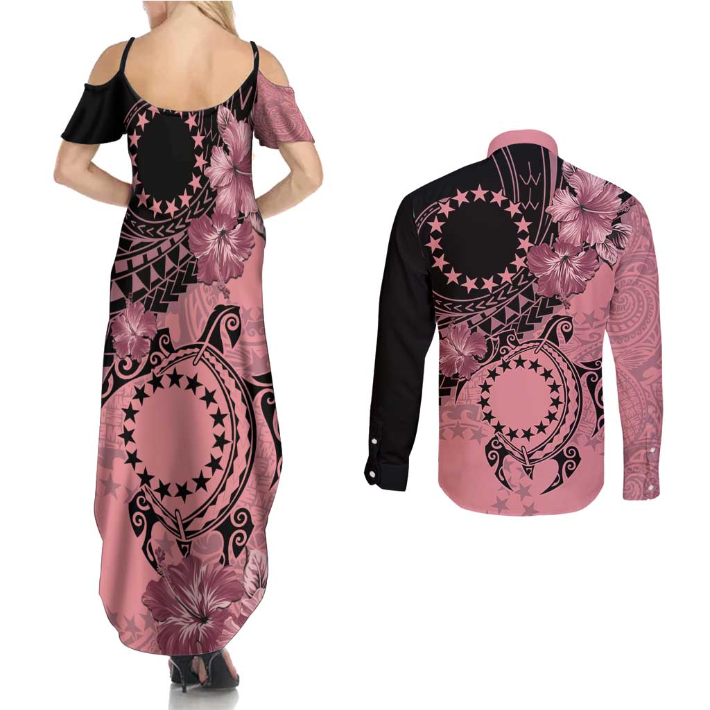 Cook Islands Turtle Couples Matching Summer Maxi Dress and Long Sleeve Button Shirt Stars and Hibiscus - Pink LT01 - Polynesian Pride