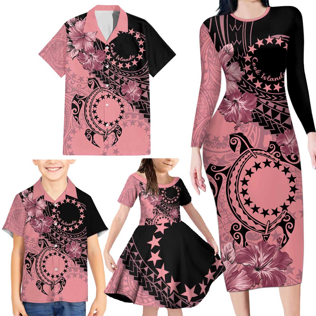 Cook Islands Turtle Family Matching Long Sleeve Bodycon Dress and Hawaiian Shirt Stars and Hibiscus - Pink