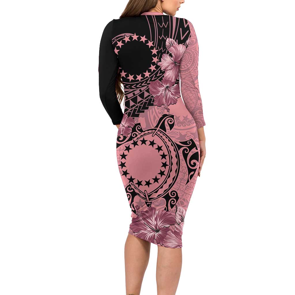 Cook Islands Turtle Family Matching Long Sleeve Bodycon Dress and Hawaiian Shirt Stars and Hibiscus - Pink