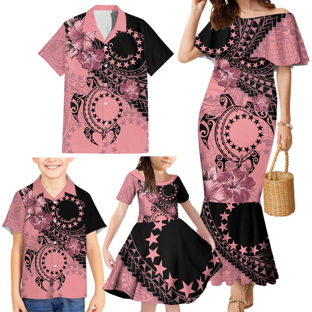 Cook Islands Turtle Family Matching Mermaid Dress and Hawaiian Shirt Stars and Hibiscus - Pink