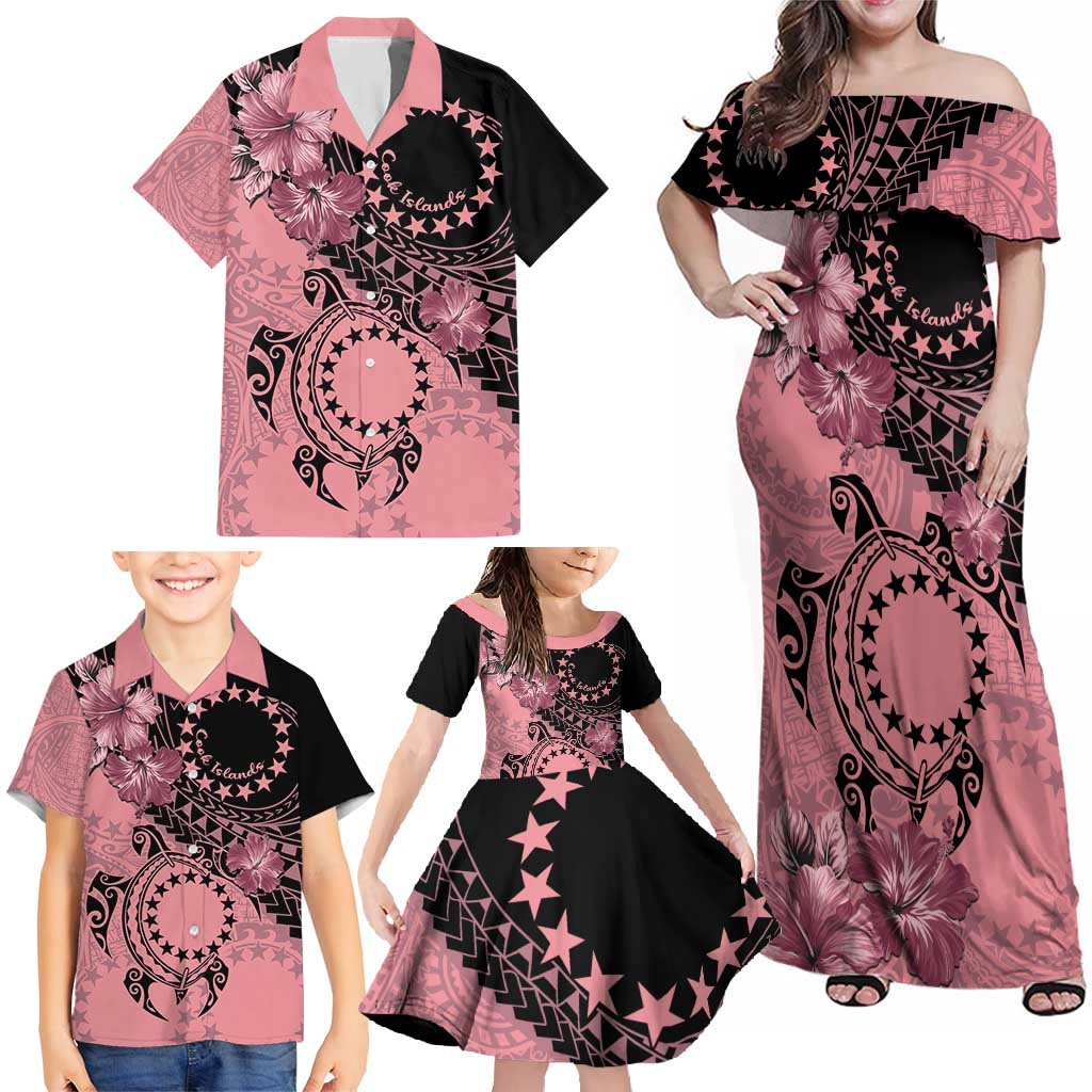 Cook Islands Turtle Family Matching Off Shoulder Maxi Dress and Hawaiian Shirt Stars and Hibiscus - Pink