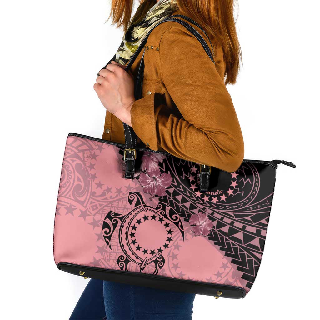 Cook Islands Turtle Leather Tote Bag Stars and Hibiscus - Pink