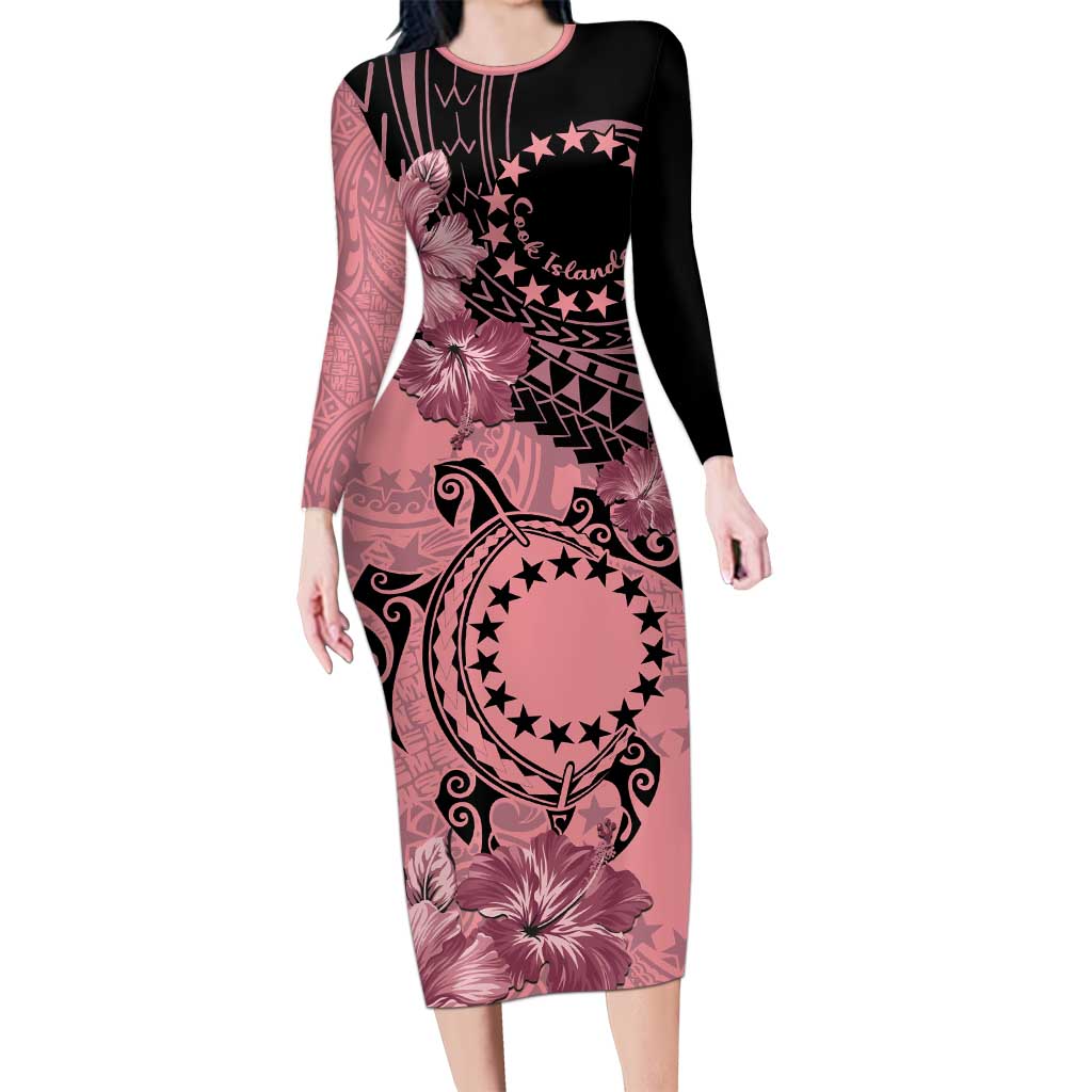 Cook Islands Turtle Long Sleeve Bodycon Dress Stars and Hibiscus - Pink