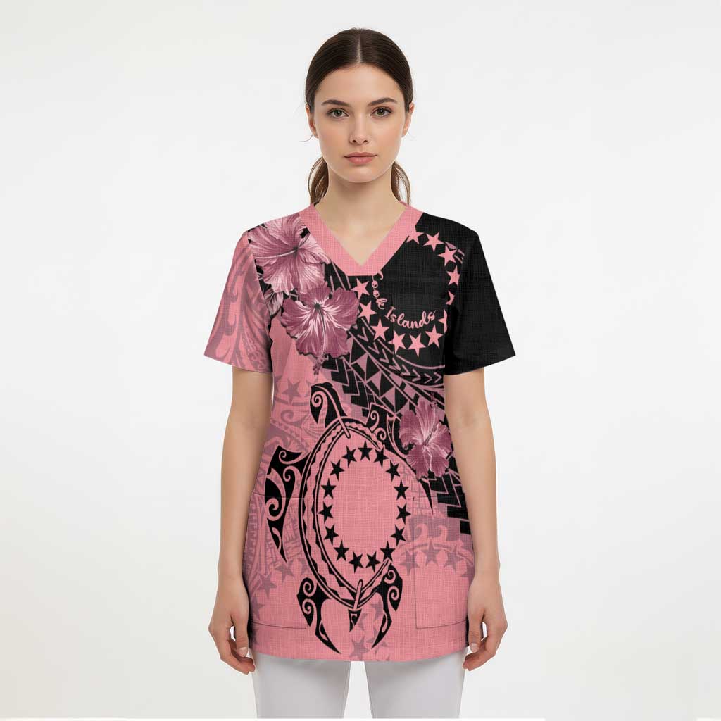 Cook Islands Turtle Scrub Top Stars and Hibiscus - Pink - Polynesian Pride