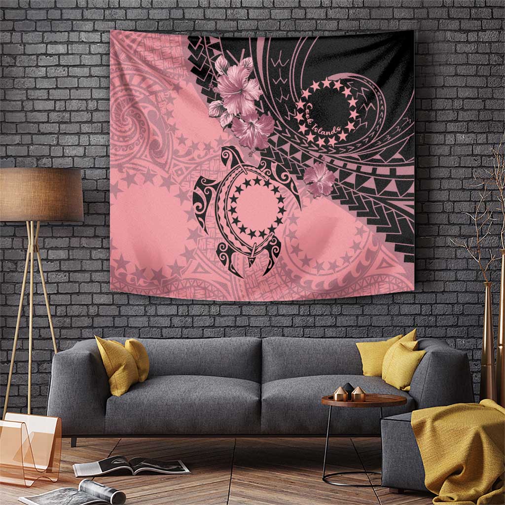 Cook Islands Turtle Tapestry Stars and Hibiscus - Pink