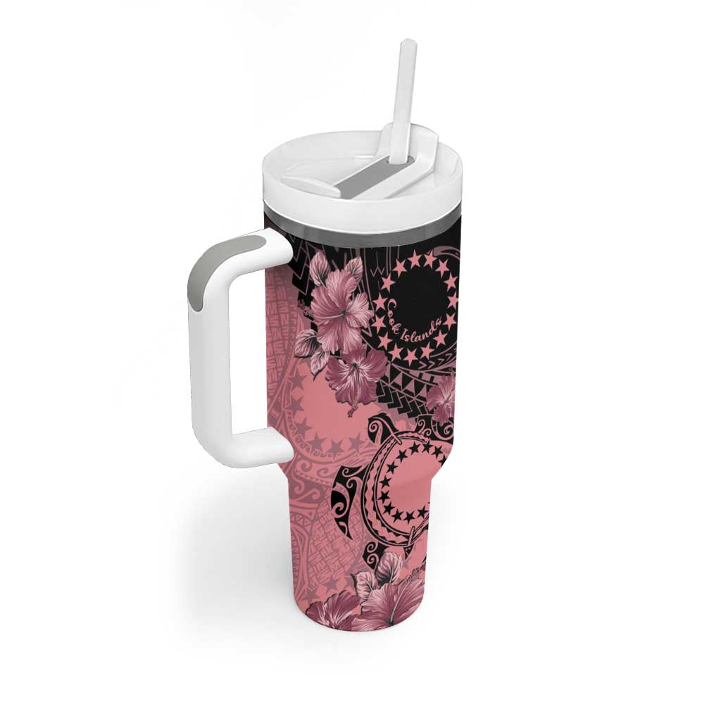 Cook Islands Turtle Tumbler With Handle Stars and Hibiscus - Pink LT01 - Polynesian Pride